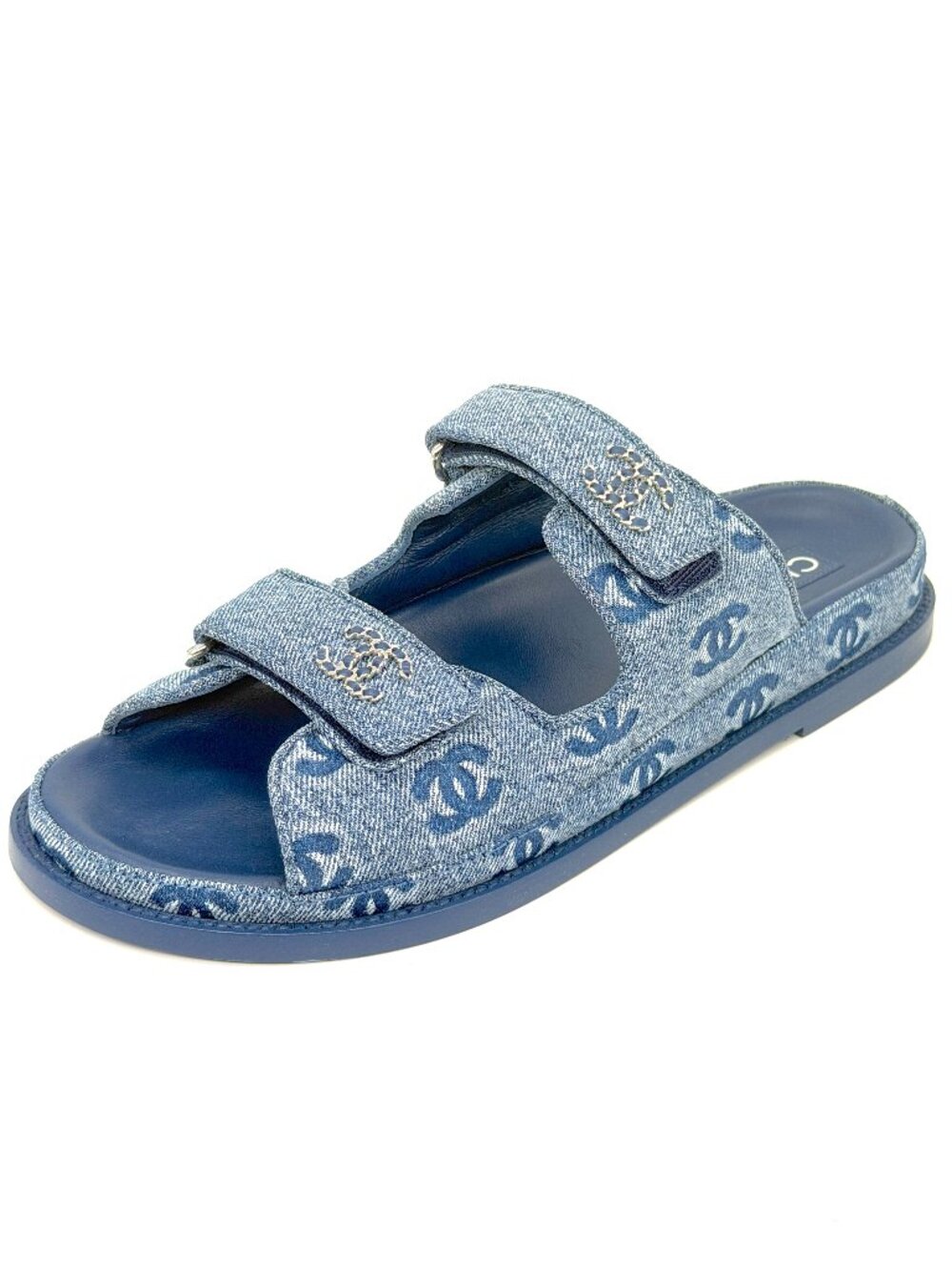 CHCHANEL 25P ANEL 25P CC Embossed Denim Flat Mules Slides Dad Sandals Shoes Blue